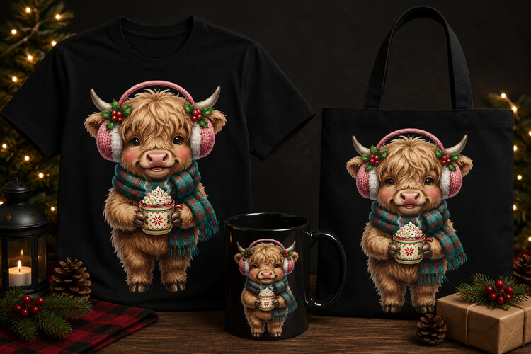 Cute Christmas Highland Cow PNG with Cocoa & Earmuffs Art example image 1