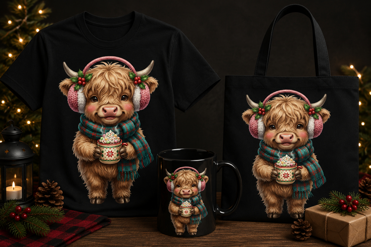 Cute Christmas Highland Cow PNG with Cocoa & Earmuffs Art