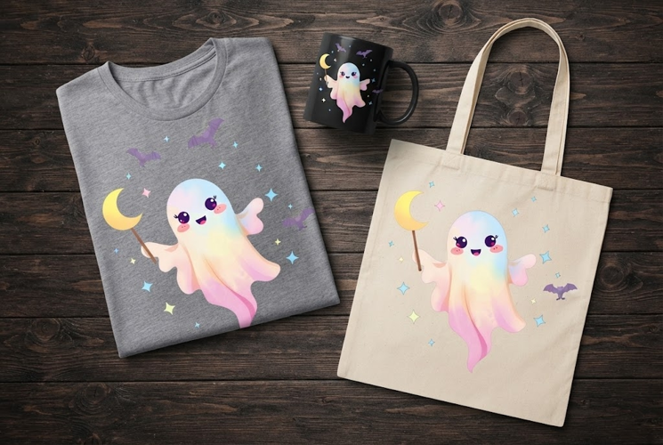 Kawaii Ghost with Moon Wand Halloween PNG Clipart