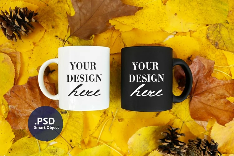 White & Black Autumn mug mockup, Two mugs mockup for Fall