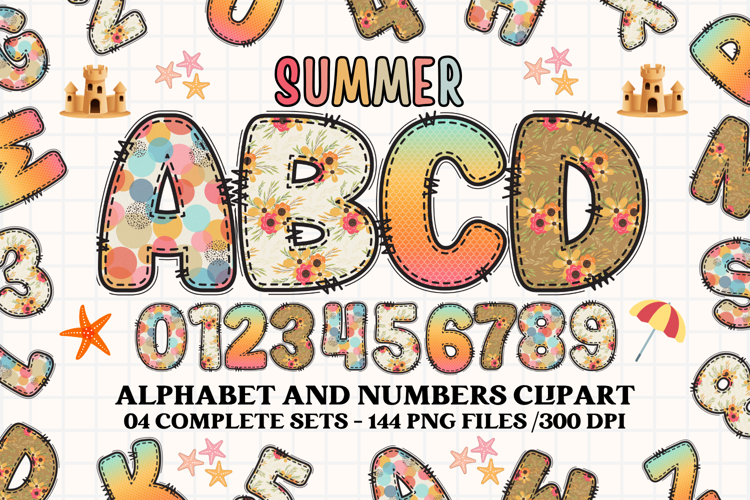 Summer Alphabet clipart, summer letters doodle