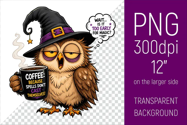Funny Morning Coffee Owl in Witch Hat | Halloween Clipart