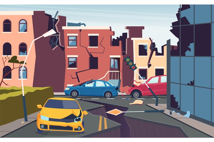 Damaged urban landscape. Nature cataclysm city destroyed qua