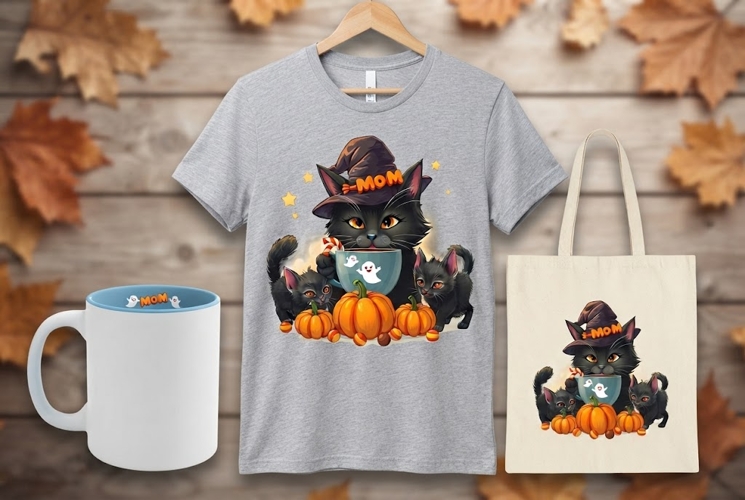 Halloween Black Cat Mom PNG | Cozy Witch Cat Family Clipart