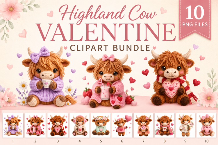 Baby Highland Cow Valentine Clipart Bundle, Cute Plush Cow
