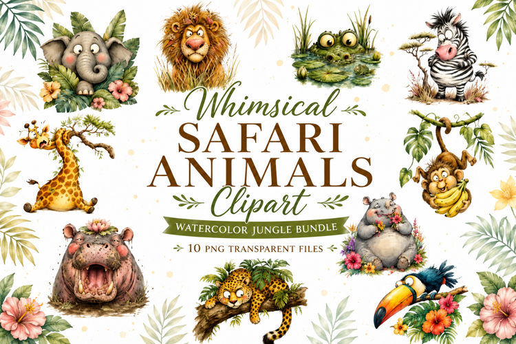 Whimsical Safari Animals Watercolor Clipart Bundle