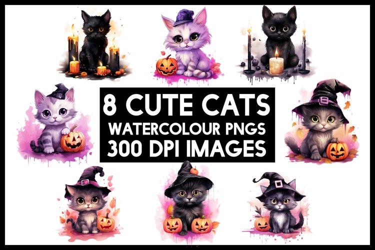 8 Cute Halloween Cat Watercolour Clipart Sublimation