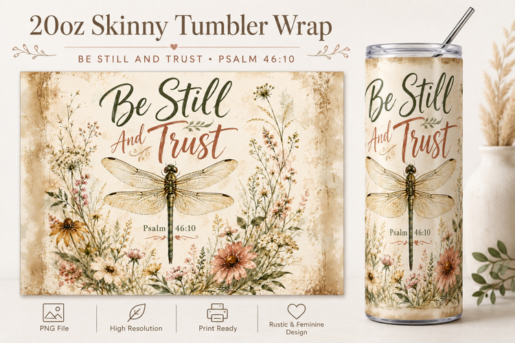 Be Still And Trust Tumbler Wrap PNG, Christian Dragonfly