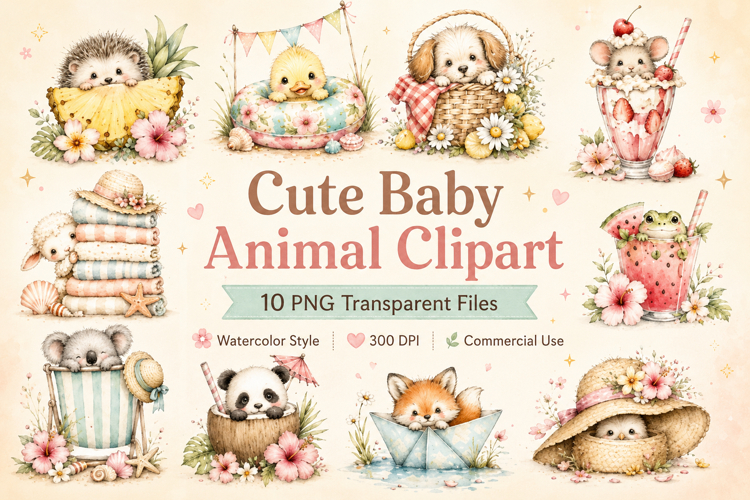 Cute Baby Animal Clipart Bundle, Watercolor Baby Animals PNG