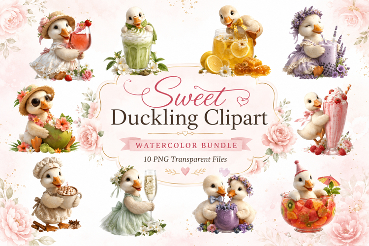 Sweet Duckling Watercolor Clipart Bundle, Cute Duck PNG