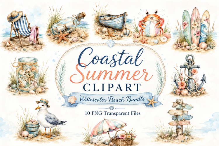 Coastal Summer Watercolor Clipart Bundle, Beach Nautical PNG