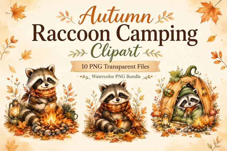 Raccoon Camping Watercolor Clipart Bundle, Autumn Camping