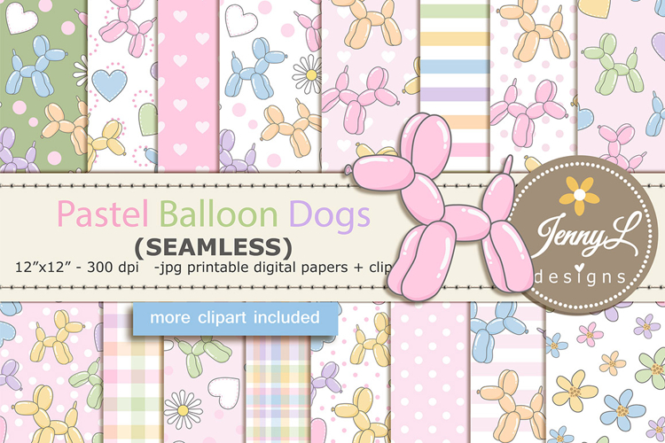 Pastel Balloon Dog SEAMLESS Digital Paper and Clipart
