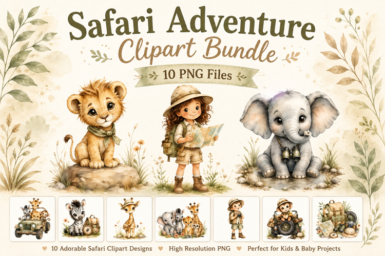 Safari Adventure Clipart Bundle, Cute Baby Safari Animals