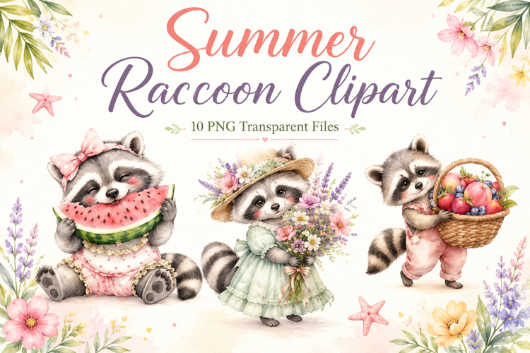 Summer Raccoon Watercolor Clipart Bundle, Cute Raccoon PNG