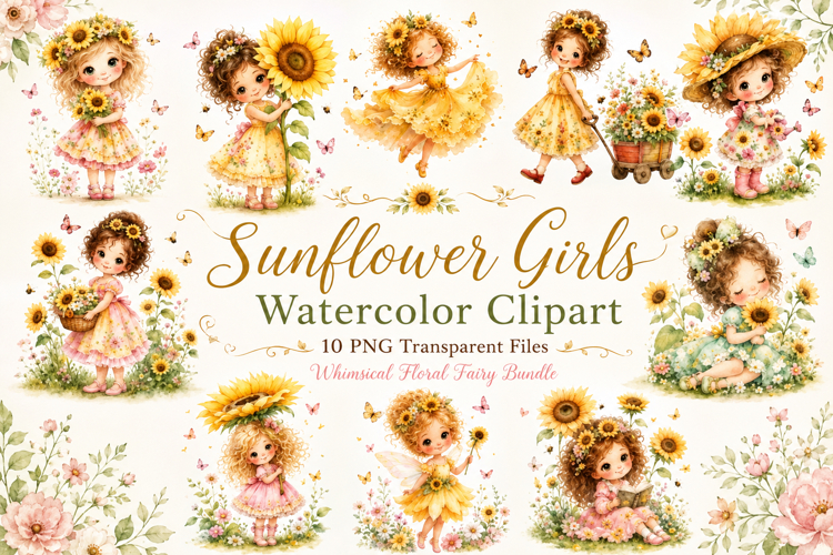 Sunflower Girls Watercolor Clipart Bundle, Cute Floral Fairy
