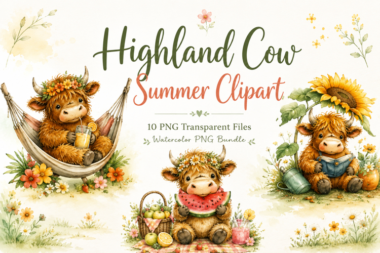 Highland Cow Summer Watercolor Clipart Bundle, Cute Cow PNG