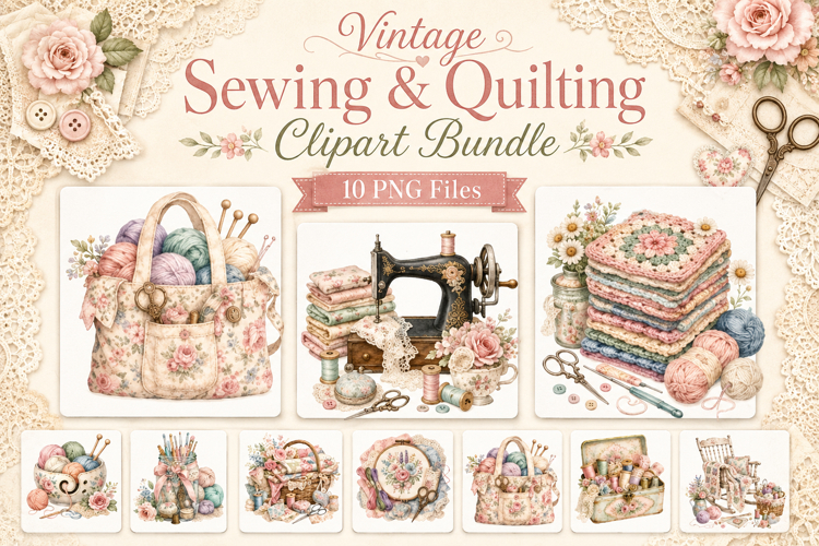 Vintage Sewing Quilting Clipart Bundle, Crochet Yarn Craft