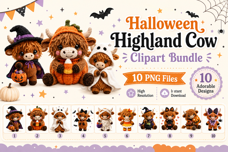 Halloween Highland Cow Clipart Bundle, Cute Spooky Cow