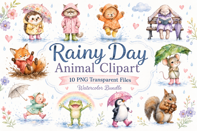 Rainy Day Animal Watercolor Clipart Bundle
