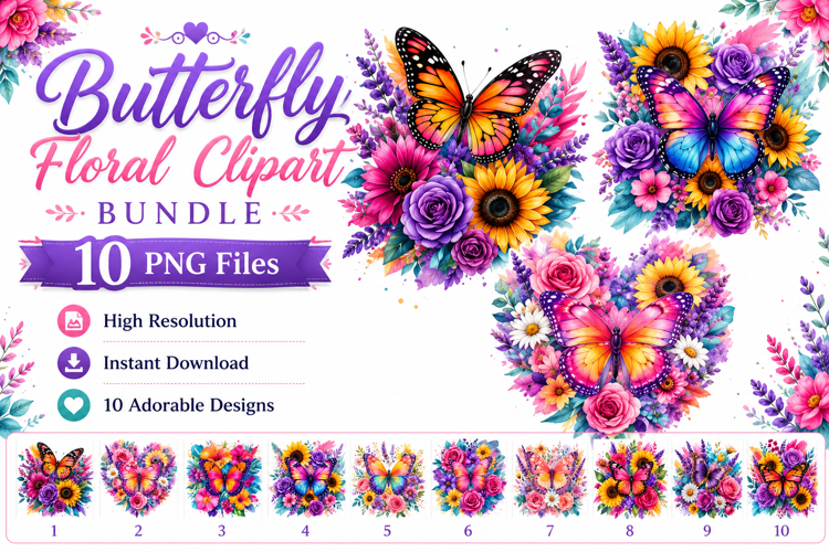Butterfly Floral Clipart Bundle, Colorful Butterfly PNG
