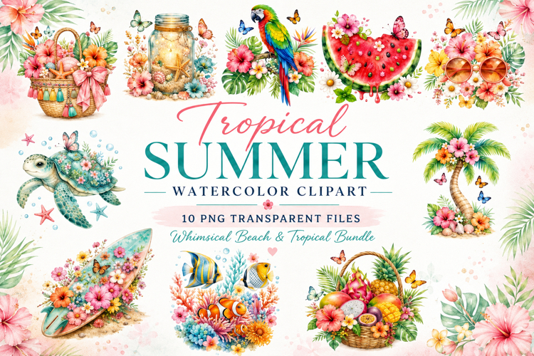 Tropical Summer Watercolor Clipart Bundle, Beach Floral PNG