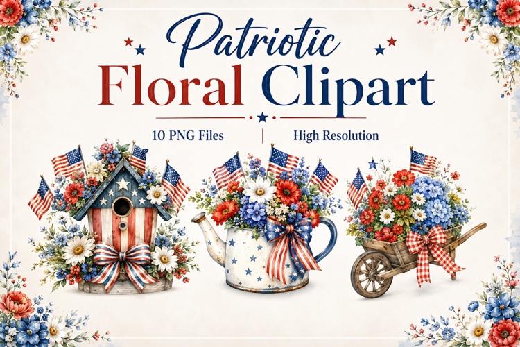 Patriotic Floral Clipart PNG, Americana Watercolor Flowers