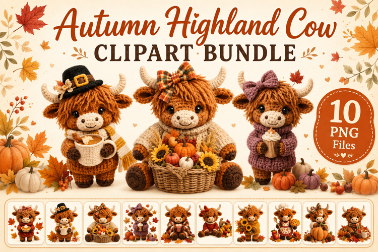 Autumn Highland Cow Clipart Bundle, Cute Fall Cow PNG