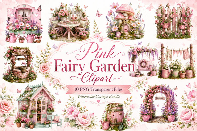 Pink Fairy Garden Watercolor Clipart Bundle, Cottagecore