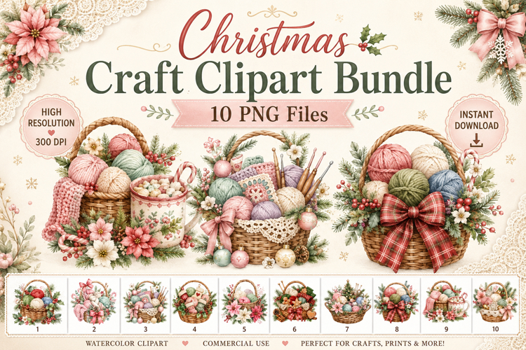 Christmas Craft Clipart Bundle, Yarn Basket PNG