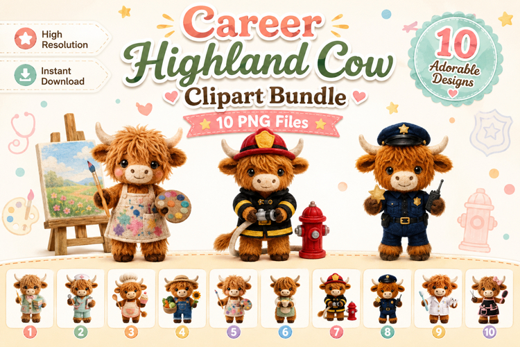 Career Highland Cow Clipart Bundle, Cute Profession Cow PNG