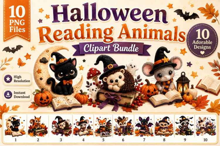 Halloween Reading Animals Clipart Bundle, Cute Spooky Book