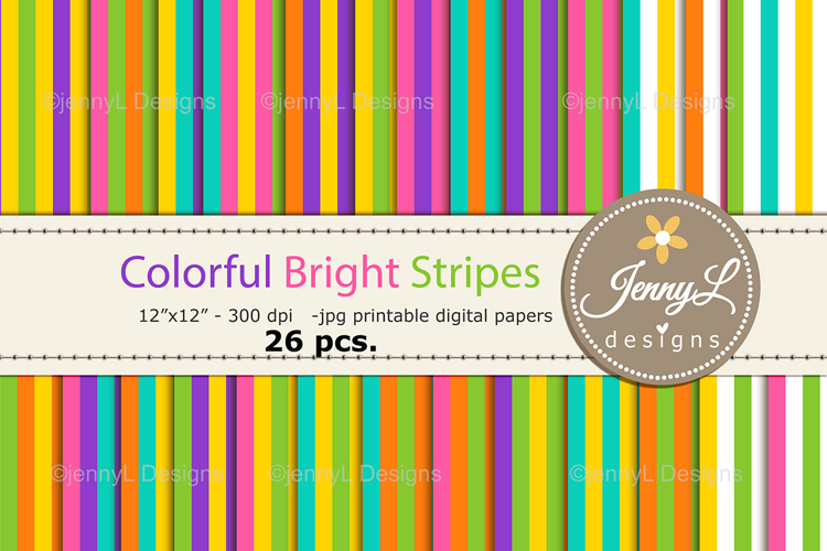 Colorful Bright Stripes Digital Papers, Colored Pattern