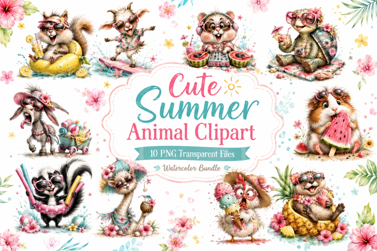 Cute Summer Animal Watercolor Clipart Bundle, Funny Animal