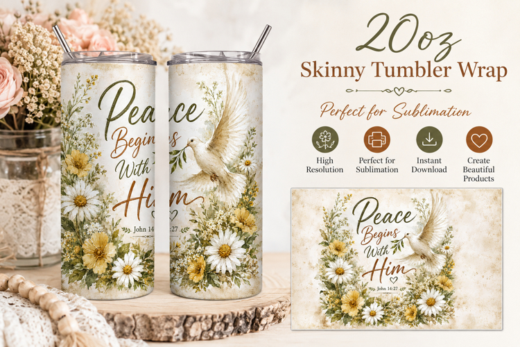 Peace Begins With Him Tumbler Wrap PNG, Christian Dove 20oz