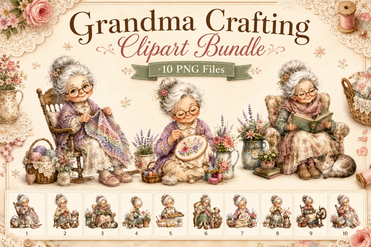 Grandma Crafting Clipart Bundle, Cozy Grandma PNG