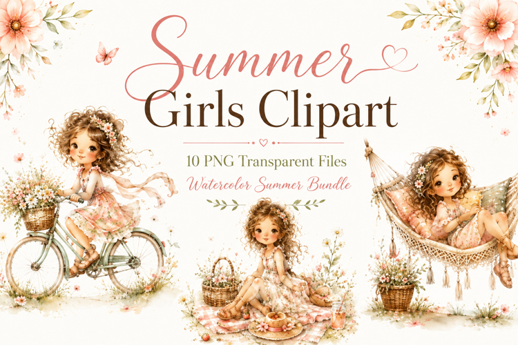 Summer Girls Watercolor Clipart Bundle, Cute Girl PNG