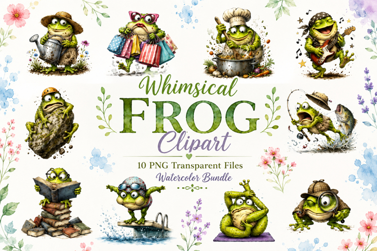 Whimsical Frog Watercolor Clipart Bundle, Funny Frog PNG