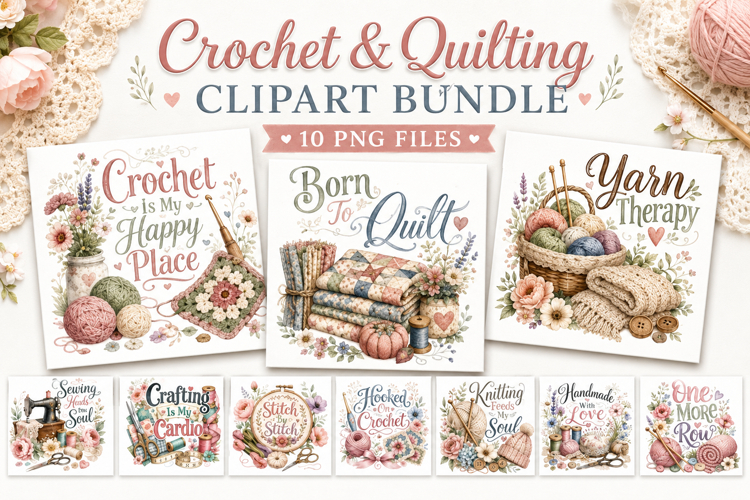 Crochet Quilting Sewing Clipart Bundle, Crafting Yarn Therap