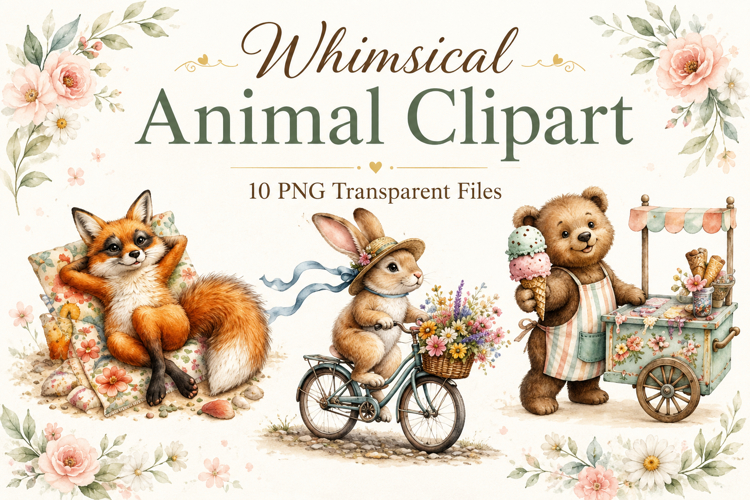 Whimsical Animal Watercolor Clipart Bundle, Cute Storybook