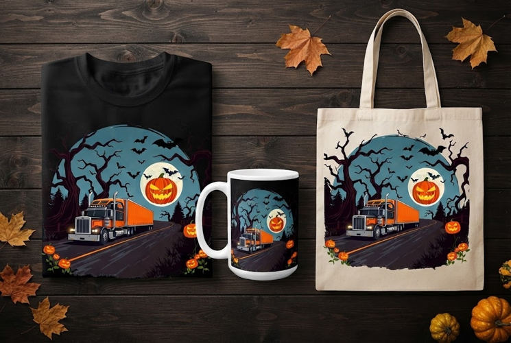 Spooky Halloween Semi Truck with Pumpkins & Moon