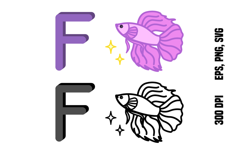Letter F and Fish. Colored and Line Vector