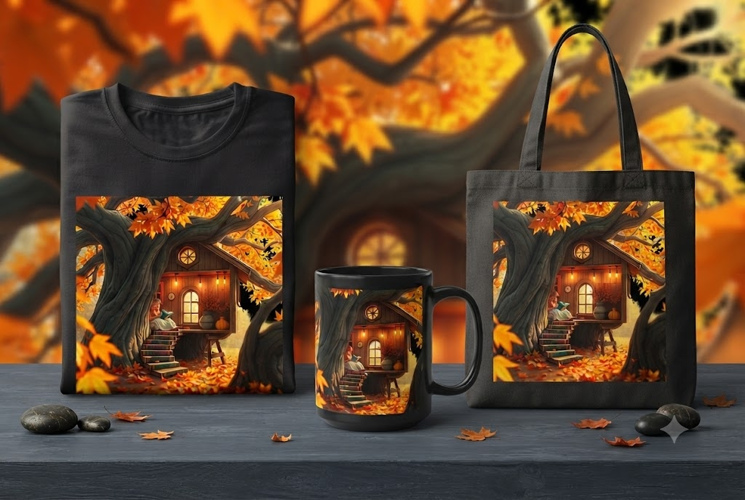 Autumn Treehouse Reading PNG Cozy Fall Book Nook Clipart