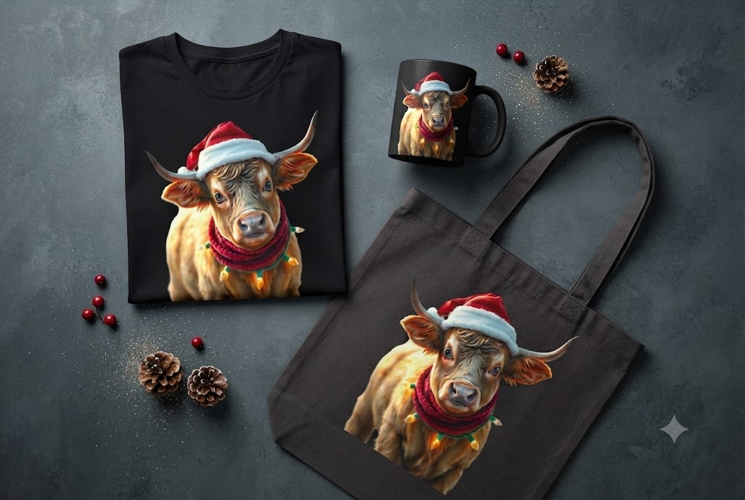 Christmas Highland Cow PNG Santa Cow Holiday Farm Clipart