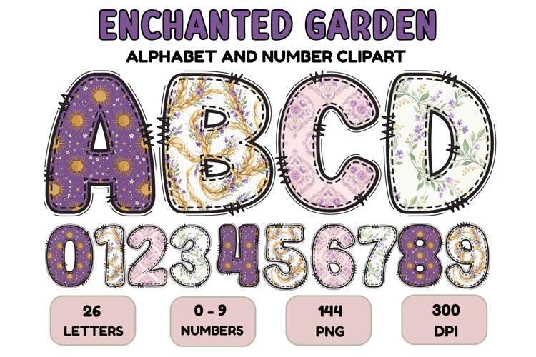 Enchanted Garden Patchwork Alphabet PNG Clipart 300 DPI