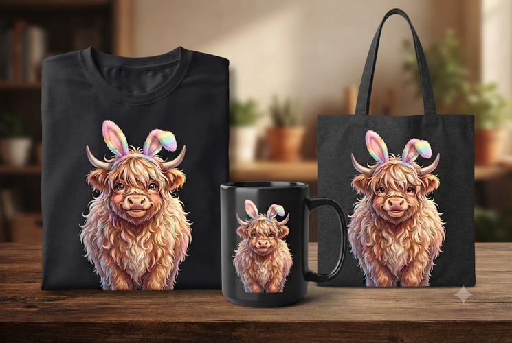 Easter Highland Cow PNG, Bunny Cow, Rainbow Cow Clipart