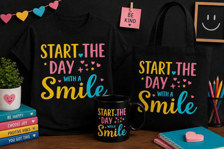 Start the Day with a Smile PNG, Positive Quote Design example image 1