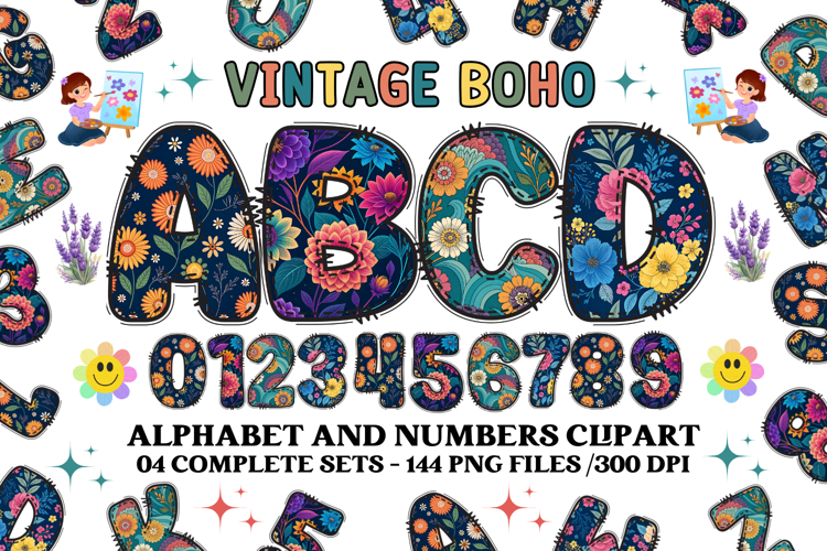 Vintage Boho Alphabet png clipart, boho letters doodle
