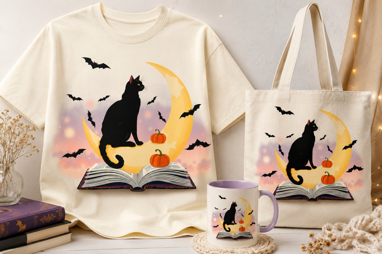 Black Cat Moon Book PNG with Bats | Halloween Clipart