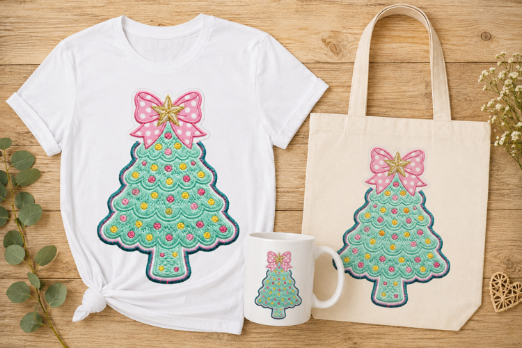 Pastel Christmas Tree Embroidery Pink Bow Star Design